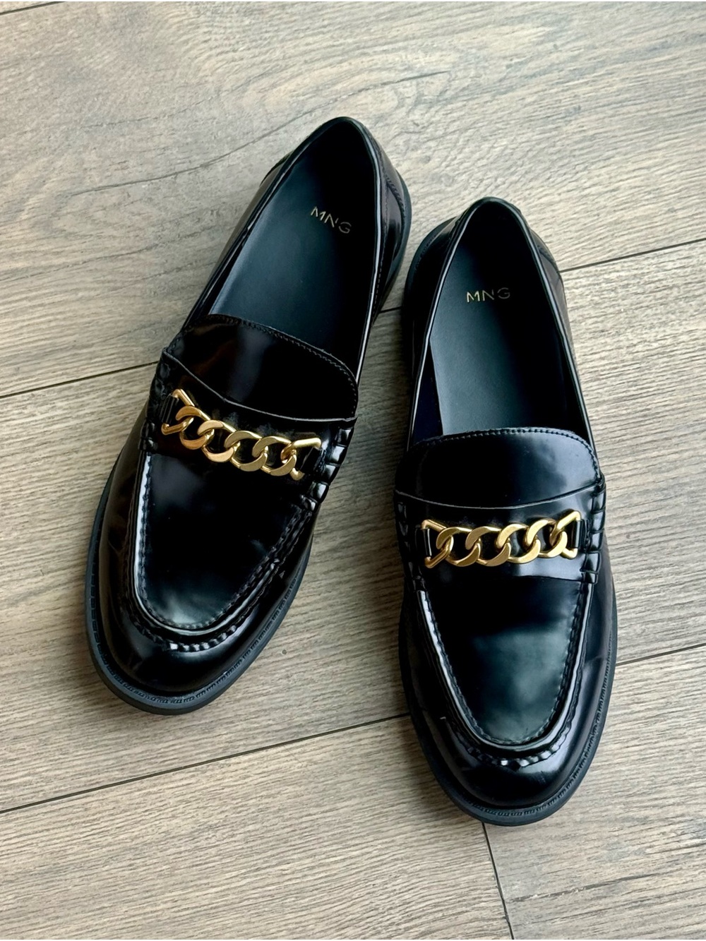 Mango Black Patent Loafers with Gold Chain EU 41 s US 10